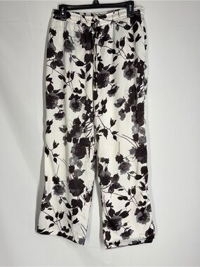 Anne Klein White Satin Wide-Leg Pants with Black Floral Print